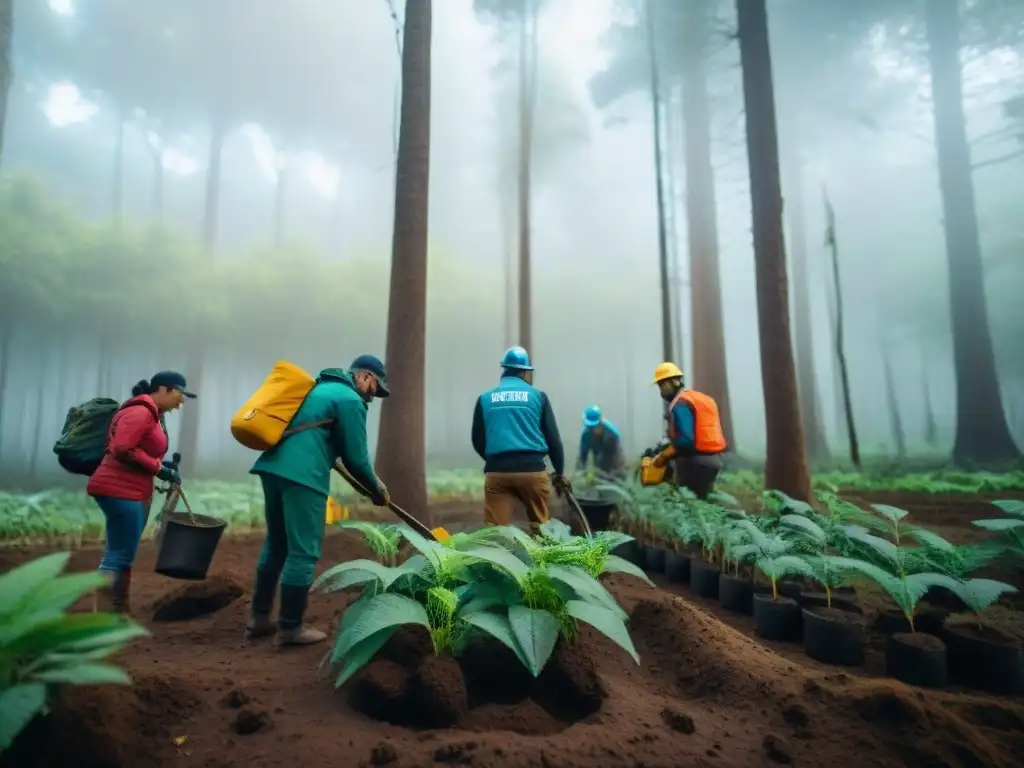 Voluntarios diversidad plantando árboles en bosque uruguayo, destacando proyectos conservación Uruguay participar