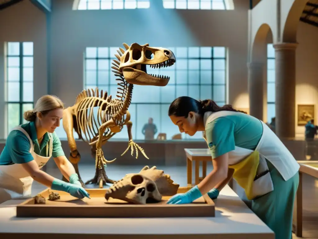 Restauración dinosaurio: voluntarios en museo uruguayo Voluntarios restaurando esqueleto de dinosaurio en museo natural de Uruguay