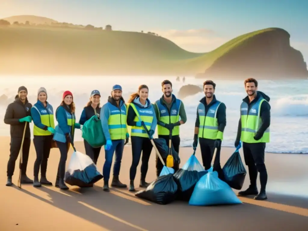 Voluntarios en Uruguay protegiendo la fauna marina al limpiar la playa al atardecer, destacando la conservación del hogar natural