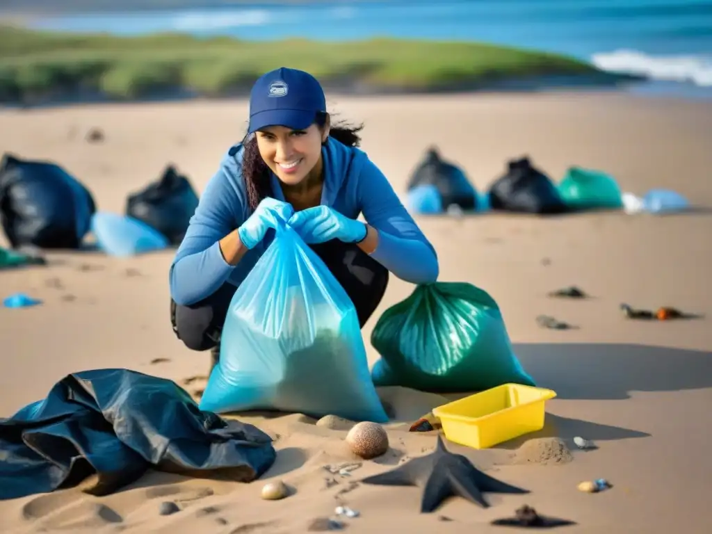 Voluntarios en Uruguay realizan limpiezas de playas, recogiendo basura con bolsas reutilizables bajo cielo azul