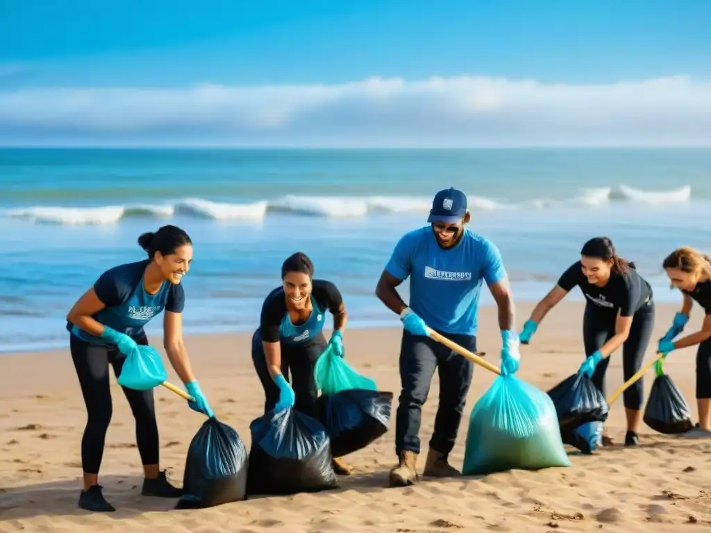 Voluntarios limpiezas de playas Uruguay, unidos en limpieza comunitaria bajo cielo azul en playa de arena