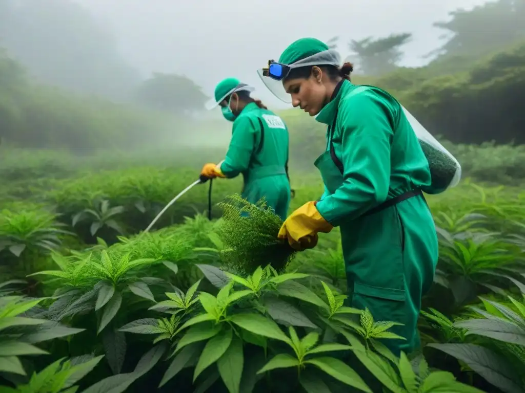 Voluntarios removiendo plantas invasoras en un bosque uruguayo, destacando el control de especies invasoras en Uruguay