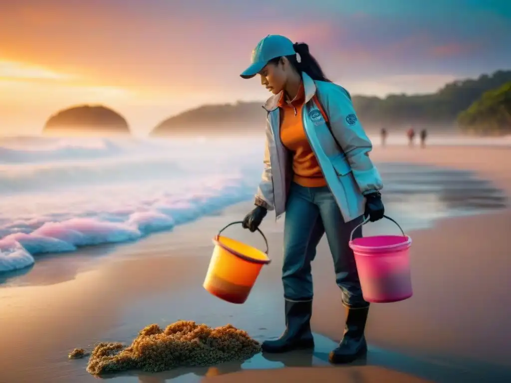 Voluntarios en playa uruguaya, limpiando basura al atardecer en nombre de la conservación marina