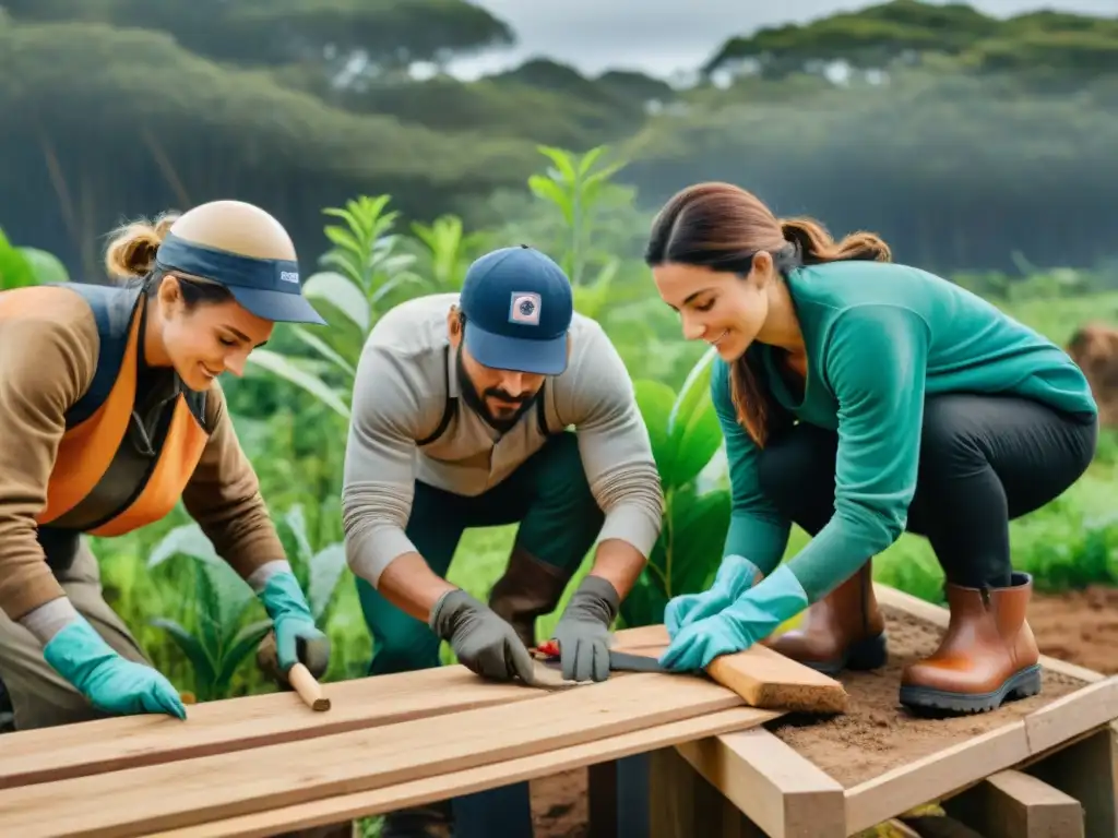 Voluntarios construyendo un refugio ecológico en Uruguay, unidos en armonía y dedicación