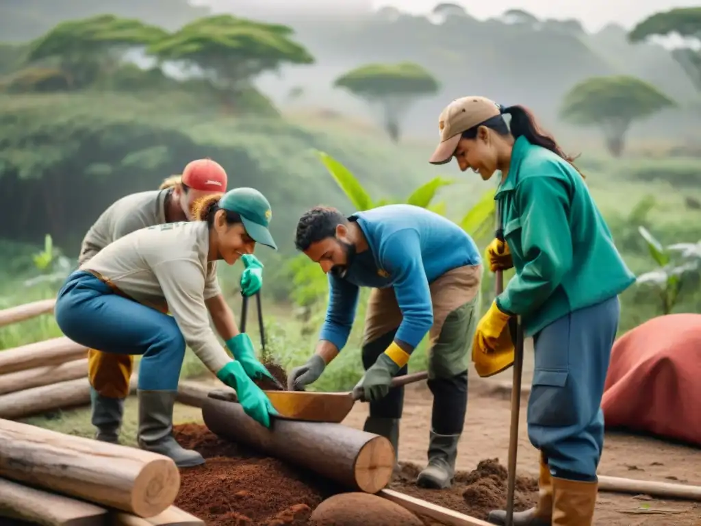 Voluntarios construyendo refugios ecológicos en Uruguay, unidos y dedicados en la naturaleza