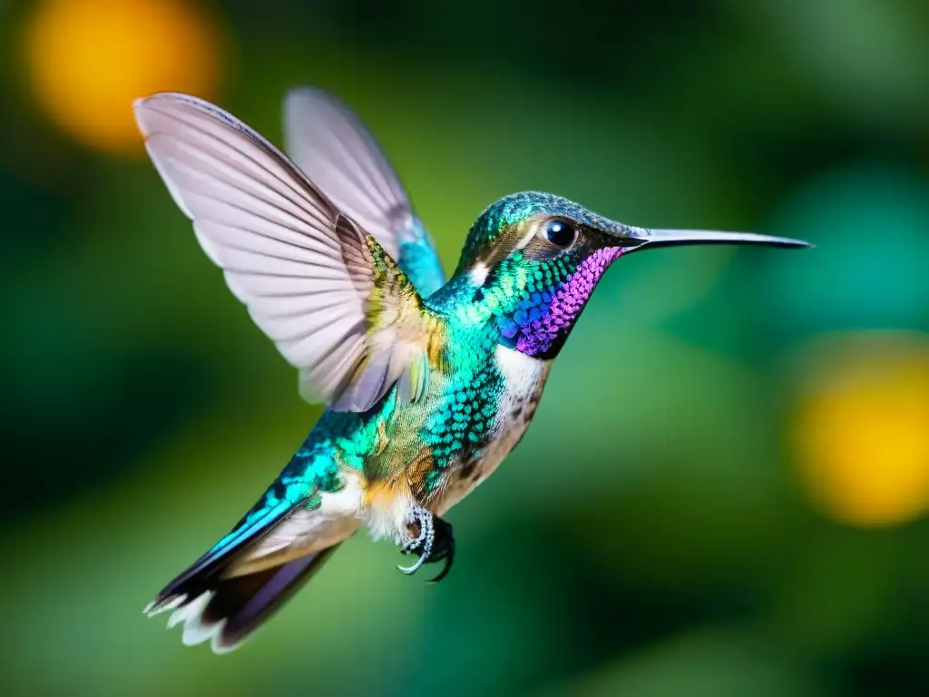 Colibrí Greenthroated Carib en vuelo sobre jardín de aves nativas en Uruguay