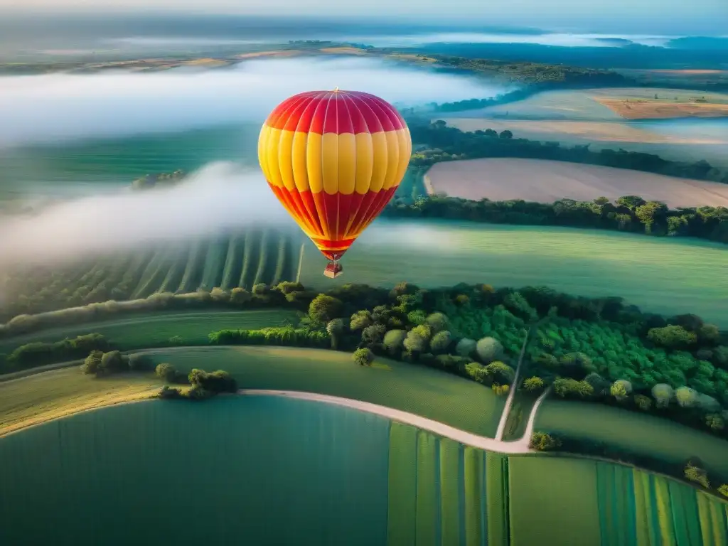 Vuelo en globo aerostático en Uruguay al amanecer sobre paisajes pintorescos y serenos