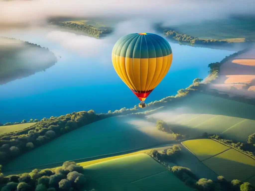 Vuelo en globo aerostático en Uruguay, colorido y sereno paisaje con un globo aerostático flotando graciosamente