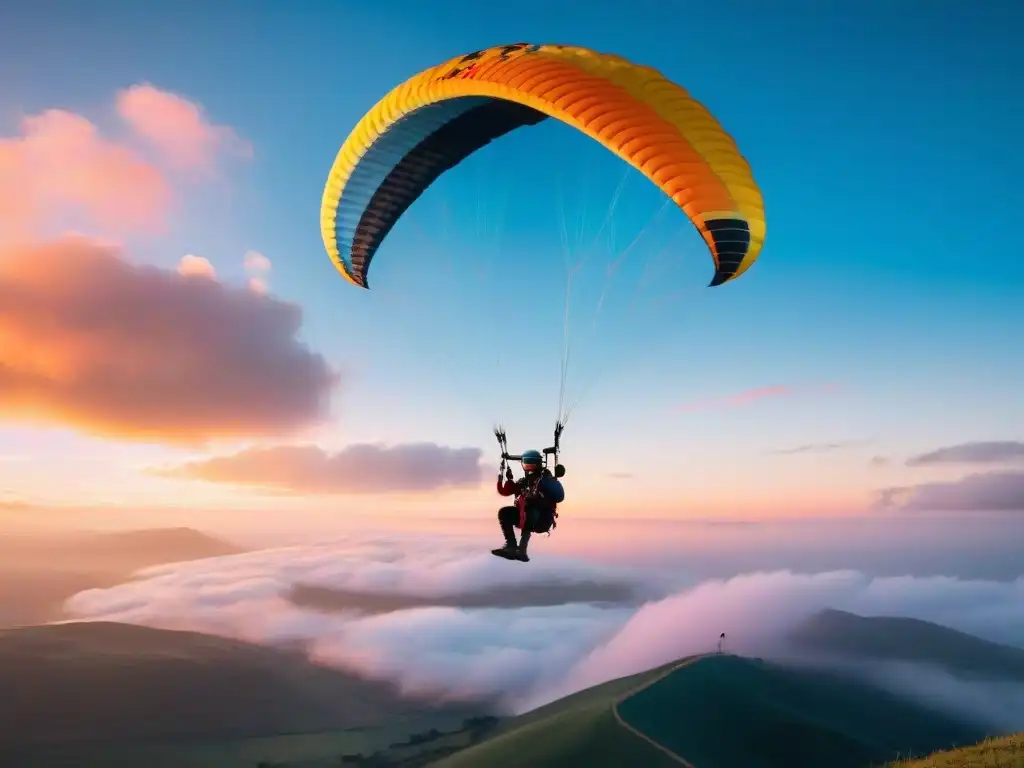 Un vuelo mágico en parapente tándem sobre las colinas de Uruguay al atardecer, transmitiendo libertad y emoción