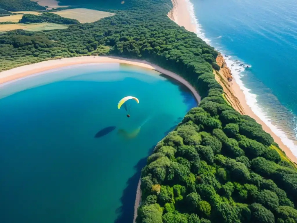 Vuelo en parapente sobre la costa de Uruguay: mar azul, playas, acantilados y vegetación exuberante