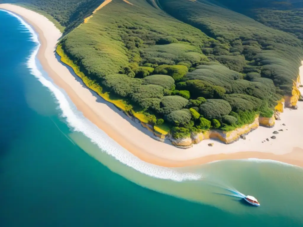 Vuelo en parapente en Uruguay: costa dorada y mar azul, acantilados, playas y cielo despejado con nubes blancas