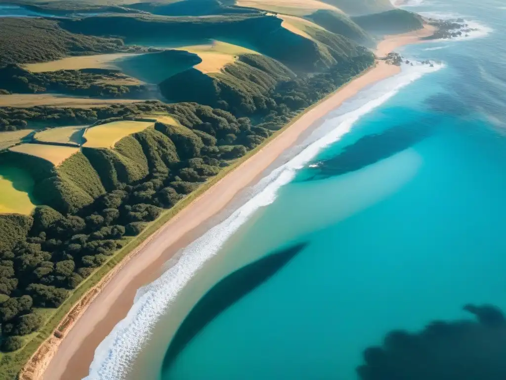 Vuelo privado sobre la costa de Uruguay: acantilados, playas y aguas turquesas desde avioneta al amanecer