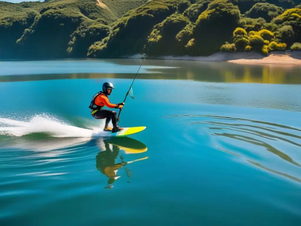 Wakeboarders surcando Laguna Garzón en Uruguay, bajo un cielo azul y sol radiante