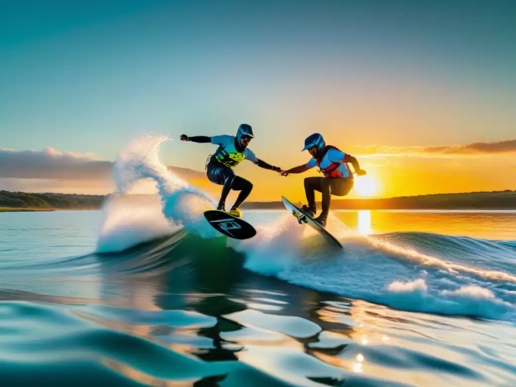 Wakeboarders realizando trucos al atardecer en Laguna Garzón, Uruguay