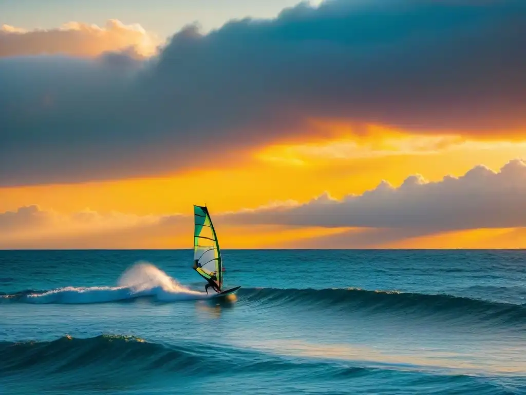 Un windsurfista surcando las aguas cristalinas de la costa uruguaya al atardecer