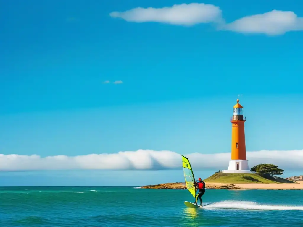 Un windsurfista experto surca las aguas turquesas de Punta del Este, Uruguay