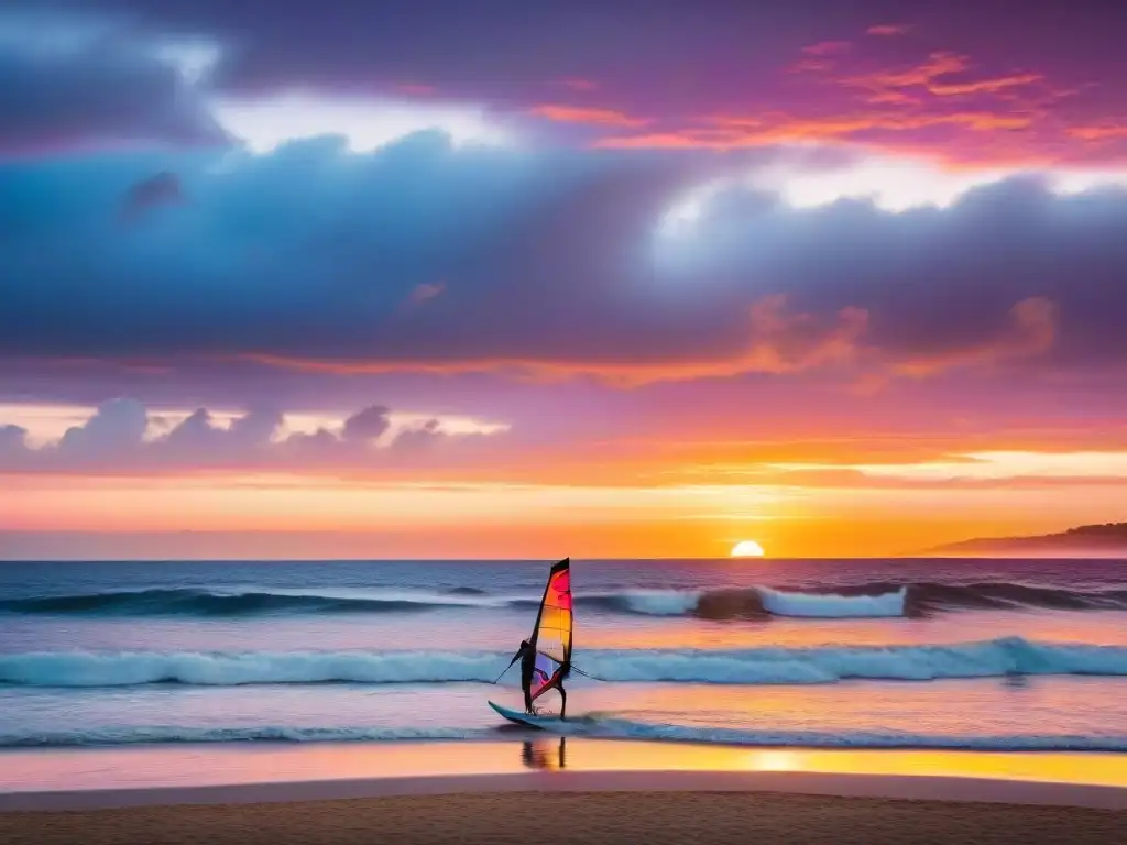 Un windsurfista surcando olas al atardecer en Punta del Este, Uruguay