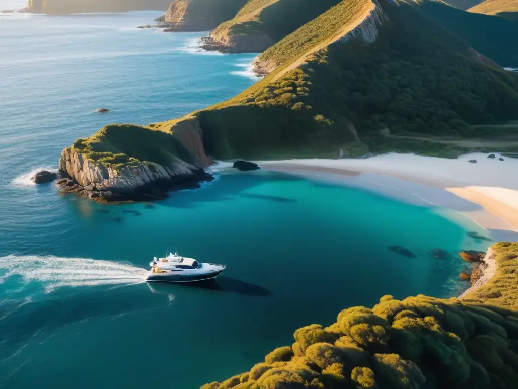 Un yate privado en la costa uruguaya, listo para la aventura en aguas cristalinas al amanecer