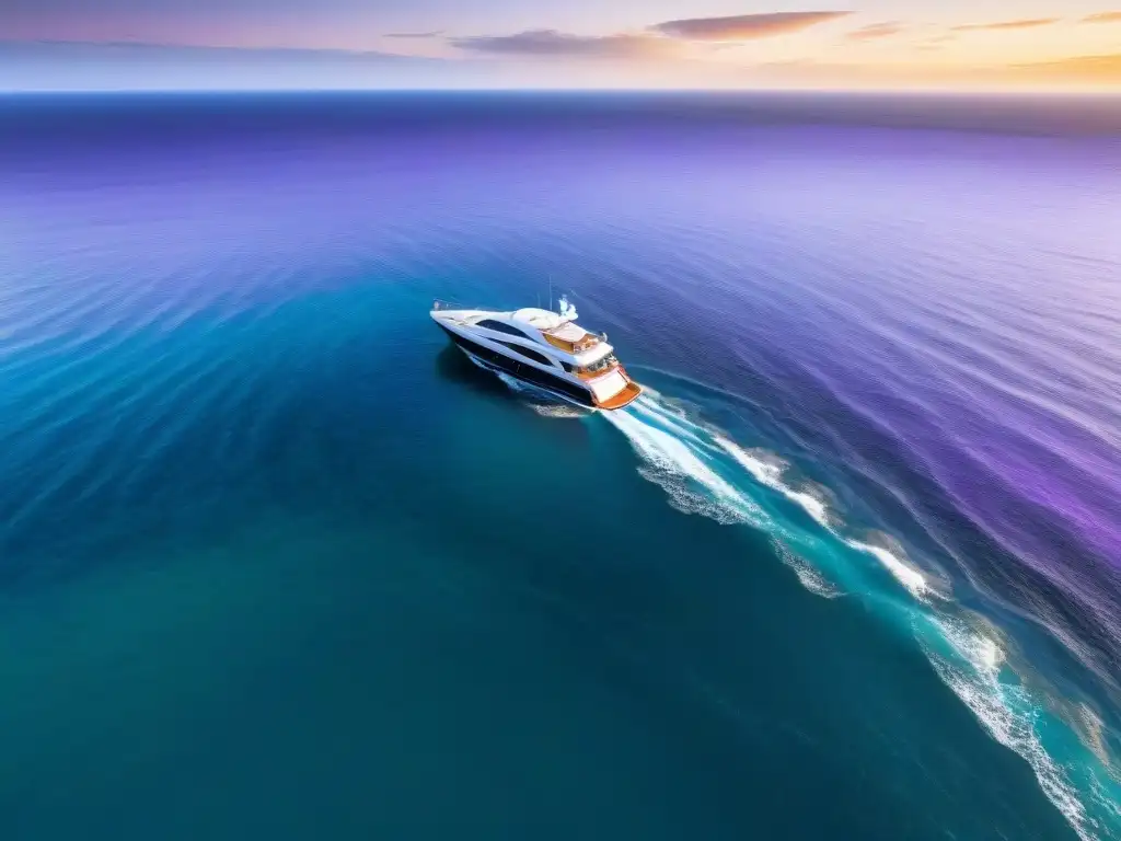 Un yate privado en la costa uruguaya, rodeado de delfines bajo un espectacular atardecer