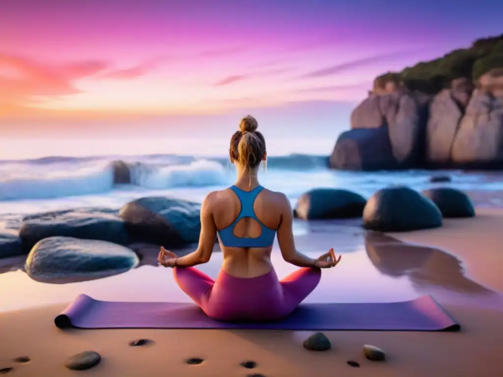 Práctica de yoga al atardecer en una playa de Uruguay, con el reflejo del sol en el mar