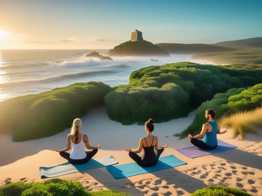 Práctica de yoga al atardecer en la playa de Uruguay, rodeados de naturaleza exuberante y olas suaves