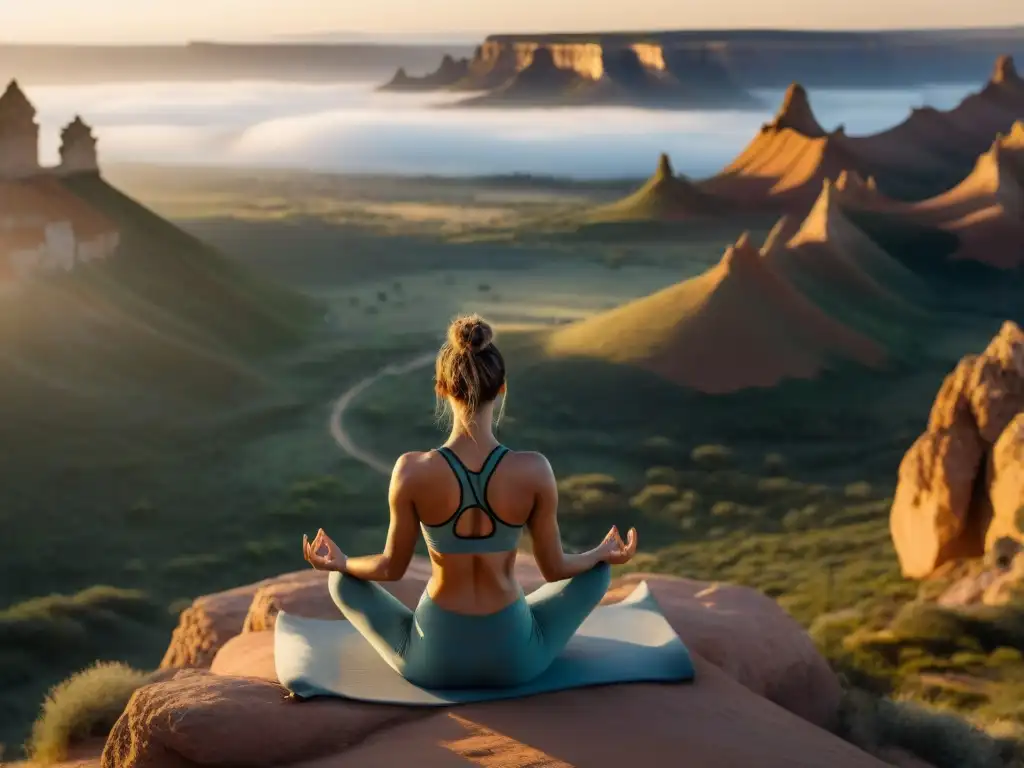 Práctica de yoga al amanecer en montañas uruguayas, Valle de la Luna