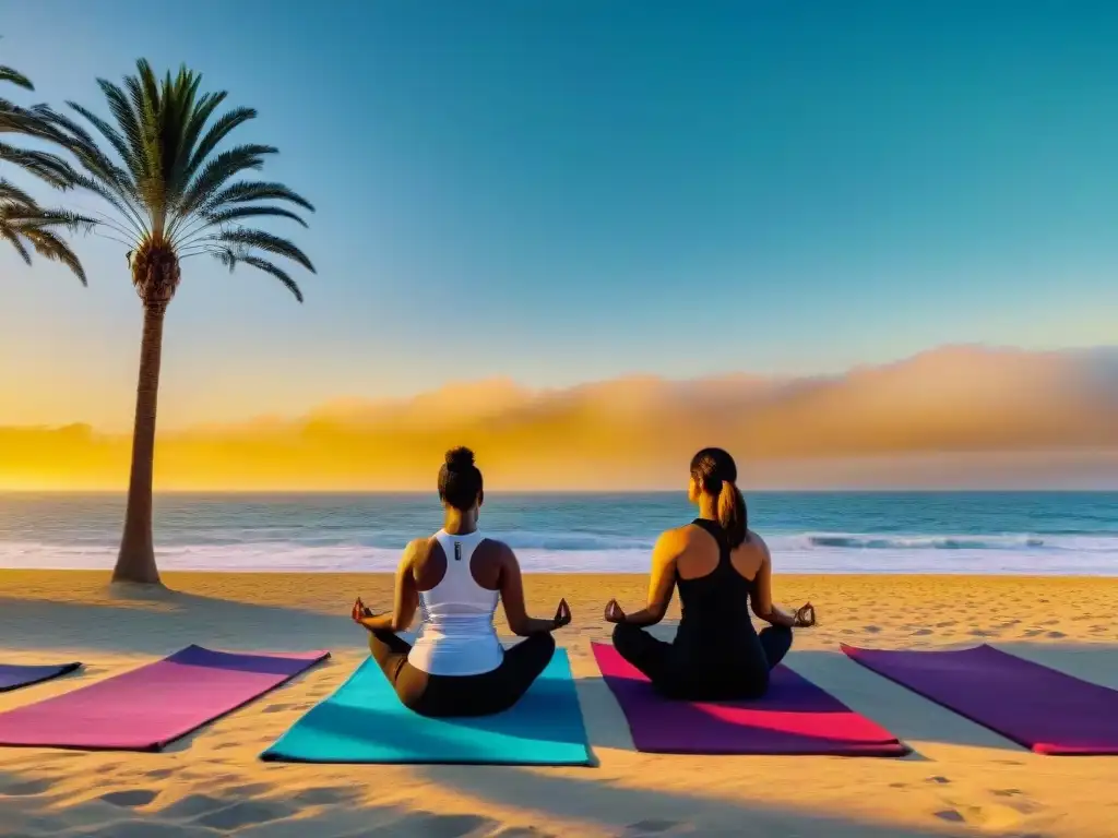 Práctica de yoga al amanecer en Playa Ramírez, Montevideo