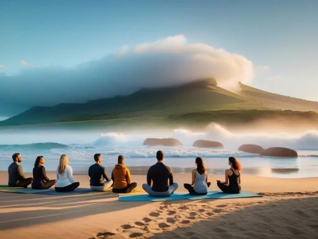 Práctica de yoga al amanecer en la playa de Uruguay, combinando meditación con la naturaleza