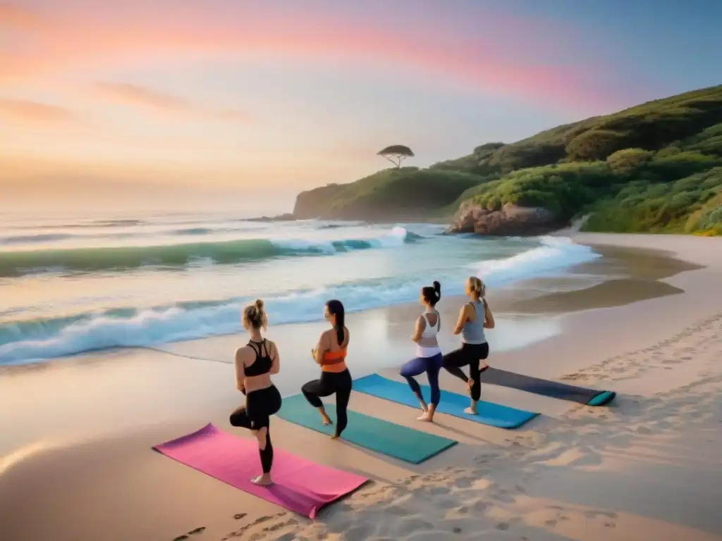 Práctica de yoga al amanecer en la playa de Uruguay, con participantes en retiros yoga alimentación saludable