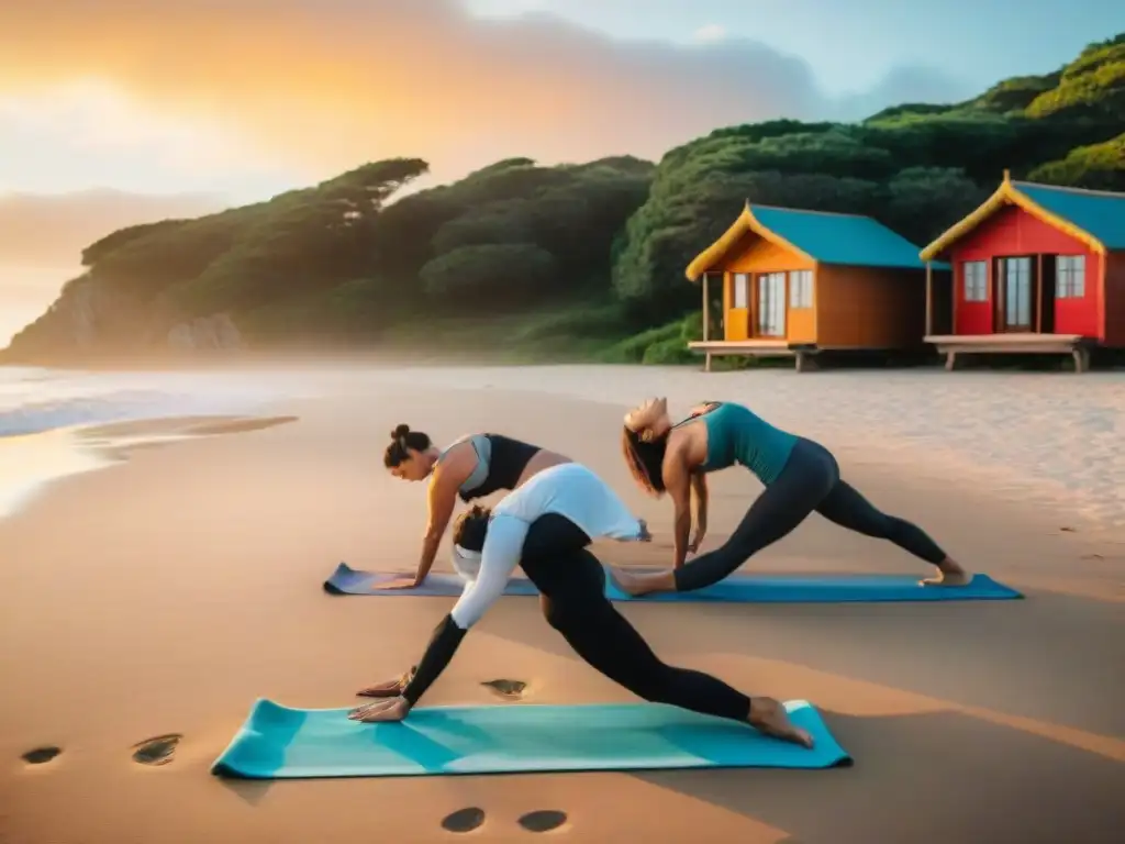 Práctica de yoga al amanecer en la playa de Uruguay durante un retiro de yoga, rodeado de naturaleza serena y cabañas rústicas