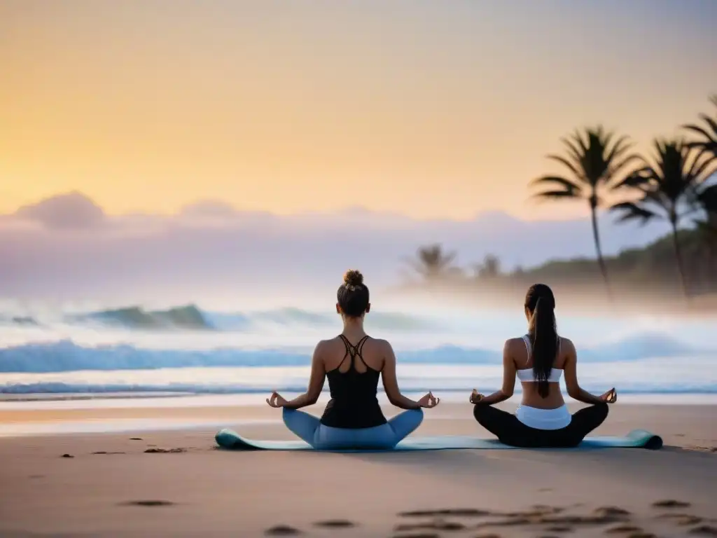 Práctica de yoga al amanecer en la playa de Uruguay con siluetas de palmeras y olas suaves besando la orilla