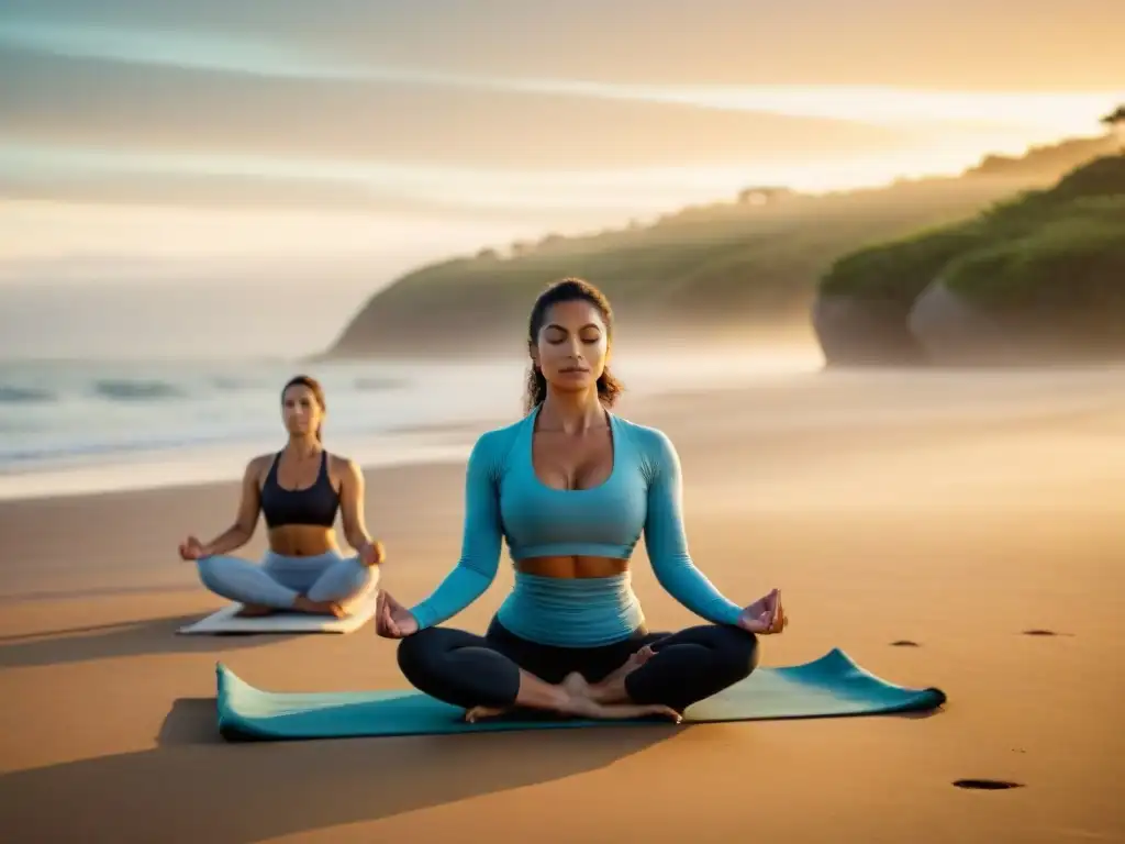 Práctica de yoga al amanecer en una playa de Uruguay