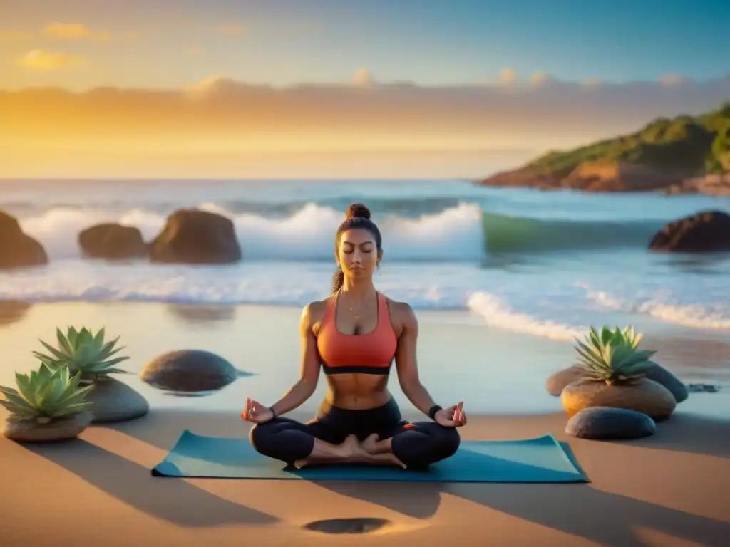 Práctica de yoga al amanecer en la serena playa de Uruguay