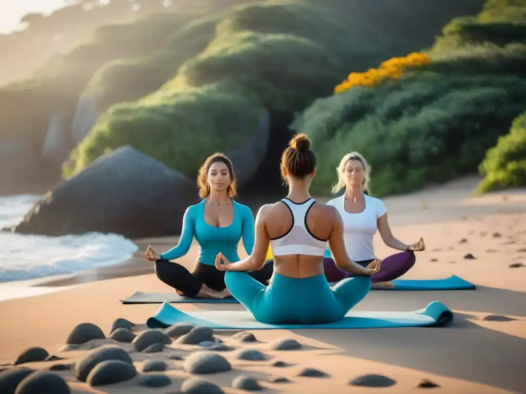 Yoguis en retiro practican yoga al amanecer en una playa de Uruguay, rodeados de naturaleza exuberante y flores silvestres