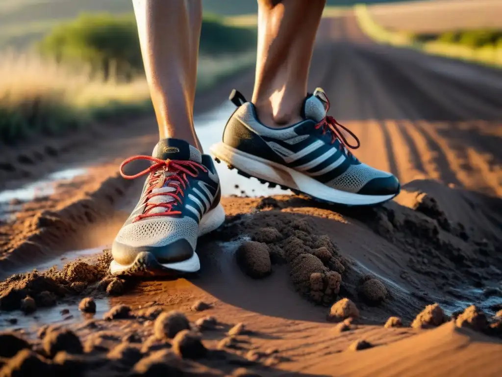 Zapatillas de corredor cubiertas de barro y polvo, reflejando la dureza de los caminos uruguayos