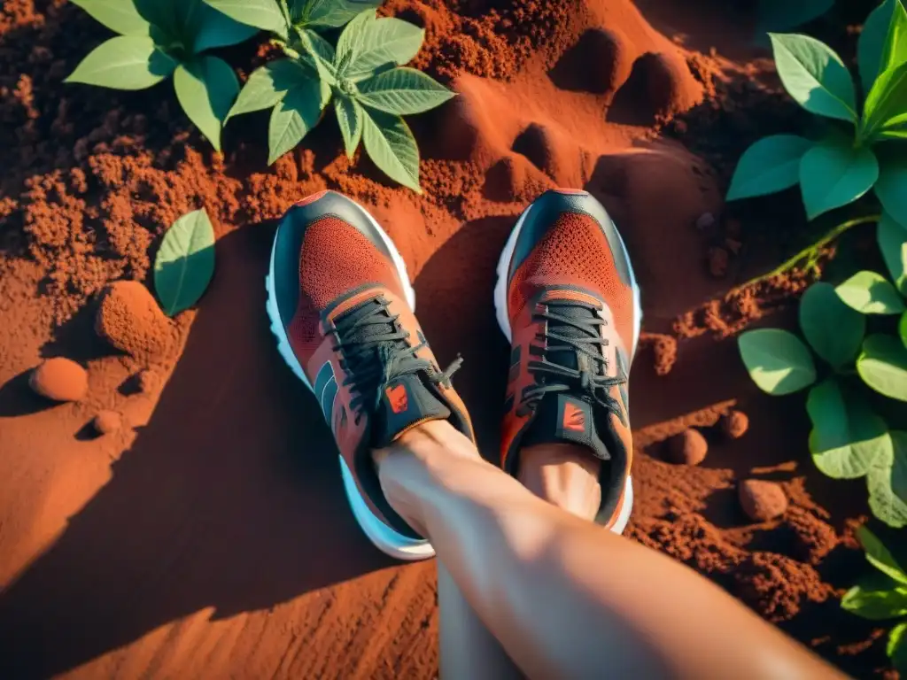 Zapatillas de running desgastadas cubiertas de tierra roja en rutas de running en Uruguay