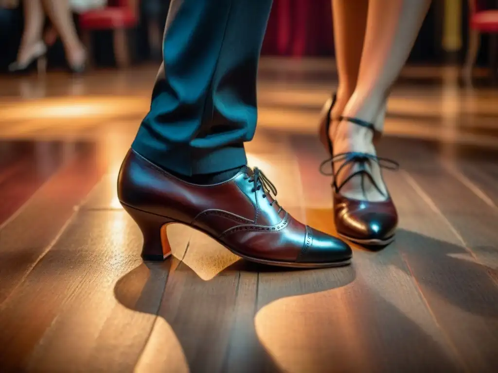 Zapatos de tango gastados en pista de baile iluminada, reflejan la experiencia inmersiva tango Uruguay